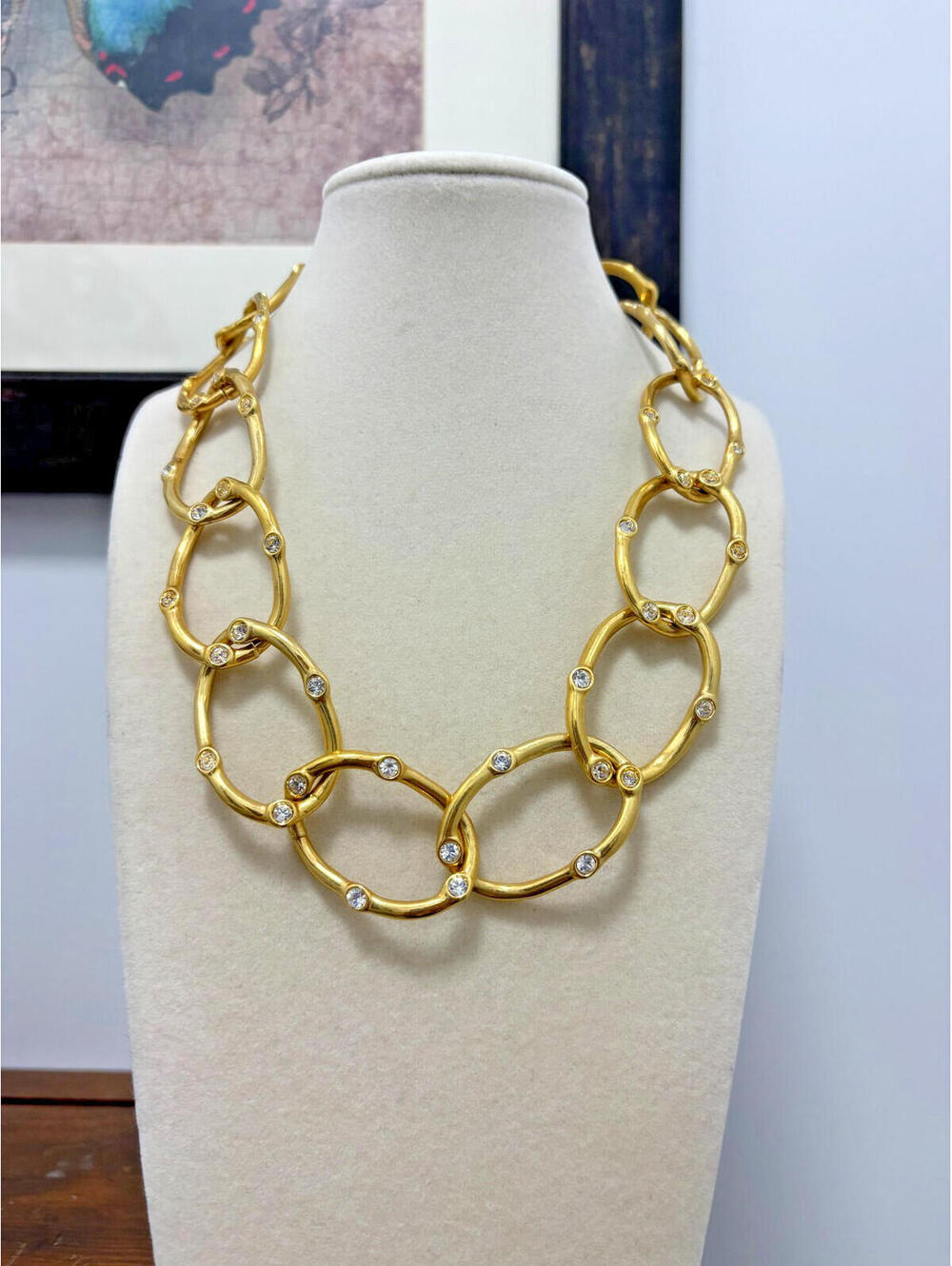 Kenneth Jay Lane KJL Gold Tone Chunky Chain Link w/ Rhinestone Necklace Glam